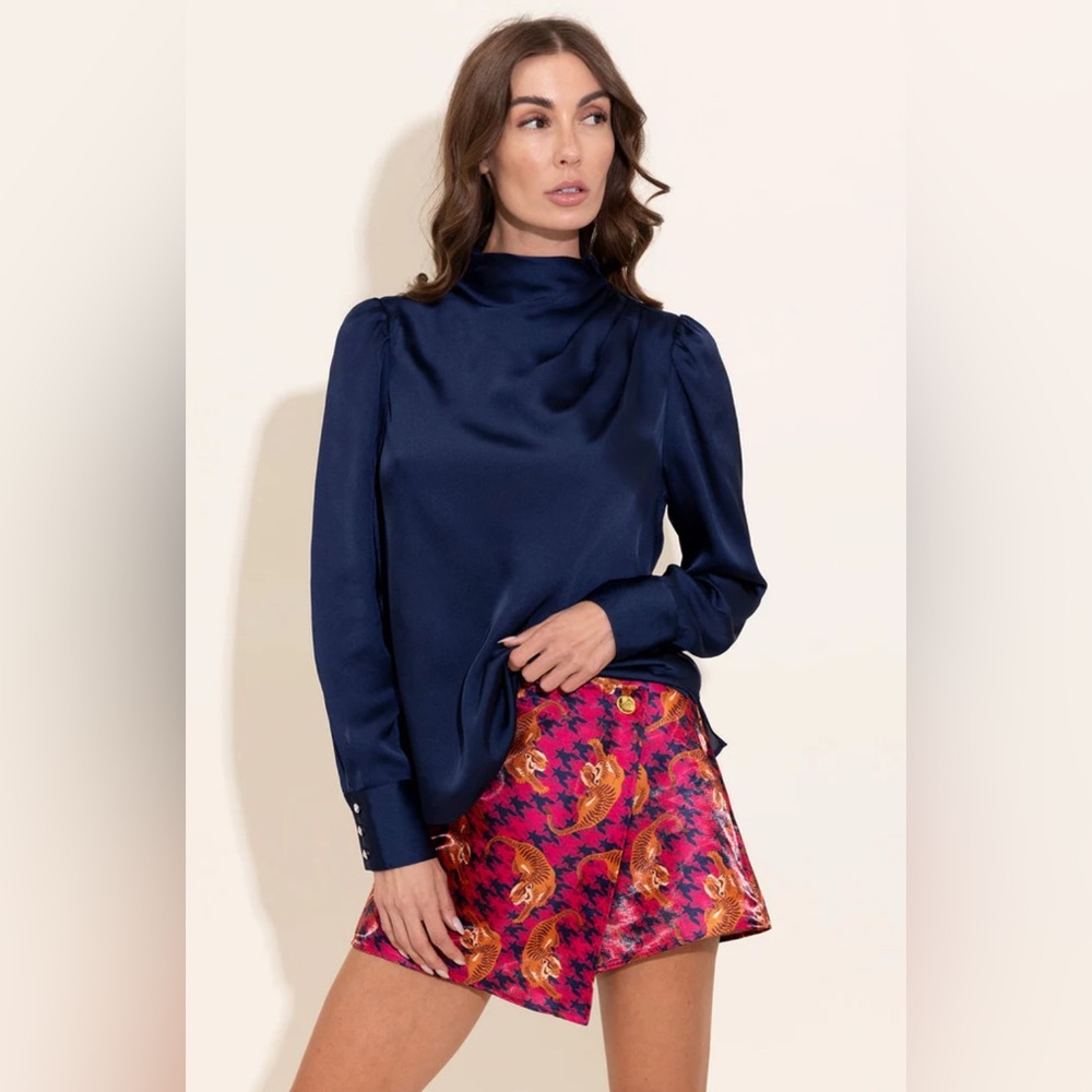 Navy Satin High-Neck Long-Sleeve Blouse